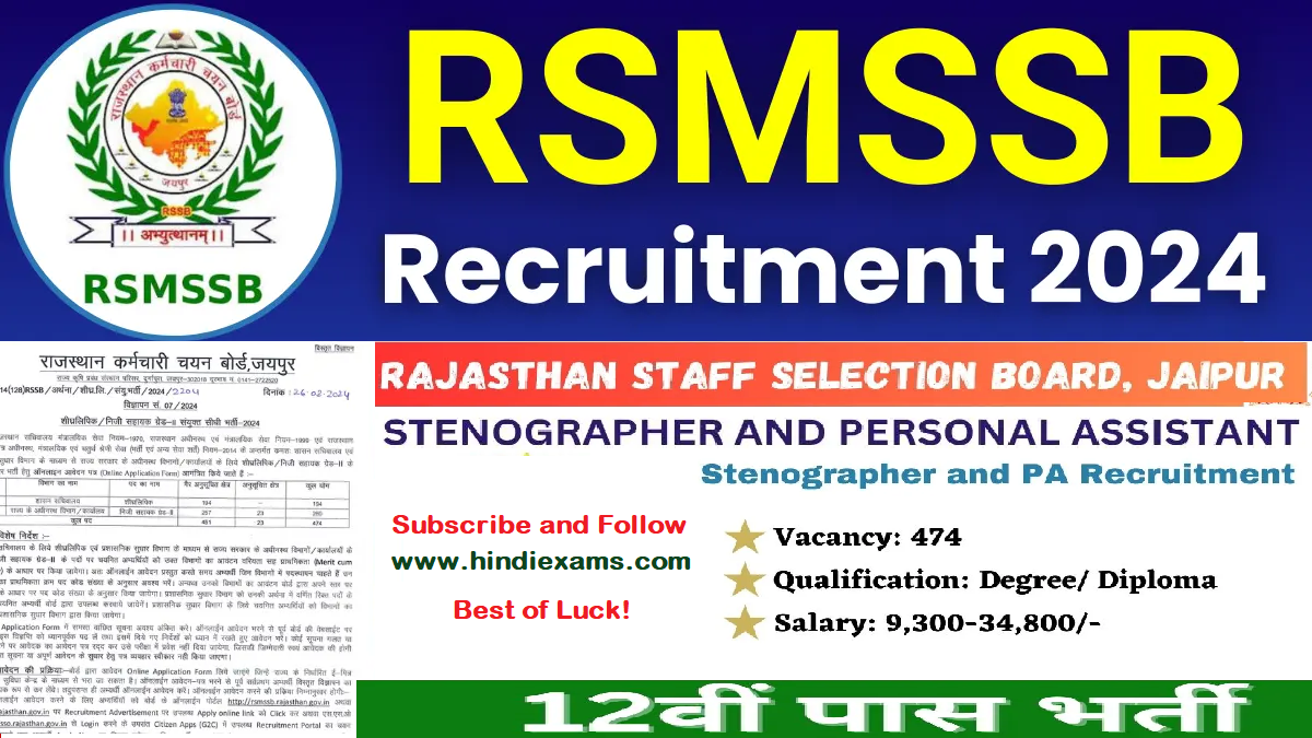 RSMSSB Stenographer and PA Recruitment 2024